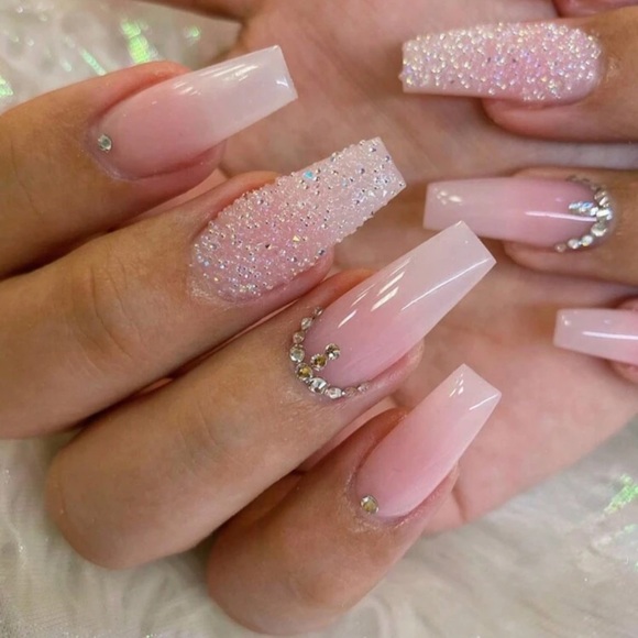 Rebellious Rose Other - 24pcs Long Coffin Shaped Ballet Style Gradient Sparkly Rhinestone Nail Tips Set